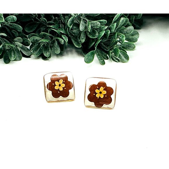 Vintage Inlay Flower Square Stud Earrings Boho design - Picture 3 of 5